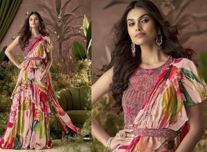 Multicoloured flowy saree readymade with ruffle edge