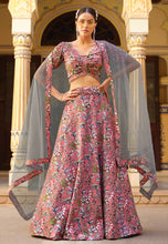 Pink and grey silk floral Lehenga