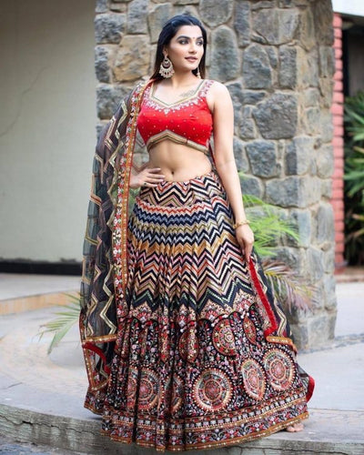 Red and colourful Lehenga