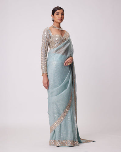 Sky blue mirror work saree