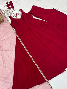 Roman chanderi silk anarkali set in maroon (sleeves available)