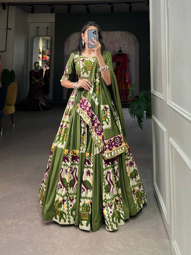 Rayon and printed silk Lehenga choli in mehendi green - readymade