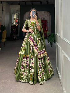 Rayon and printed silk Lehenga choli in mehendi green - readymade