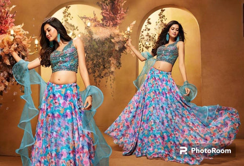 Boutique collection - blue floral Lehenga with ruffle dupatta