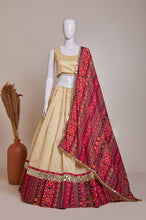 Off white jacquard silk and mirror work Lehenga