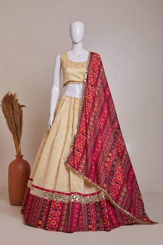 Off white jacquard silk and mirror work Lehenga