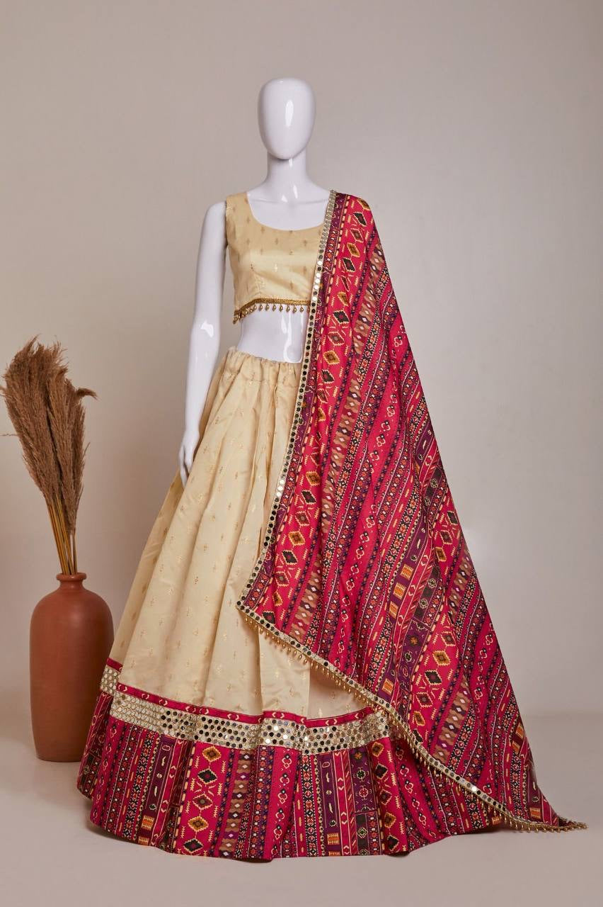 Off white jacquard silk and mirror work Lehenga