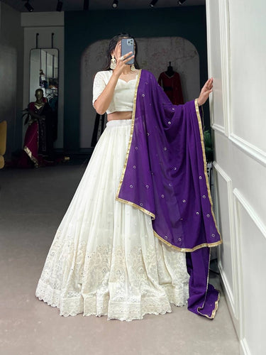 White lucknowi Lehenga with purple dupatta