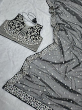 Black butterfly net pearl work saree