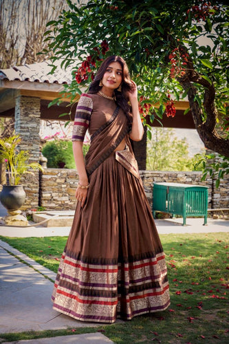 Pure chanderi and zari Lehenga in brown (skirt stitched)