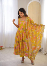 Yellow floral print kali cut anarkali suit