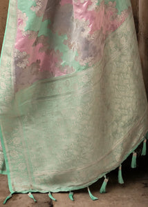 Multicoloured pastel rangkat silk saree in mint green