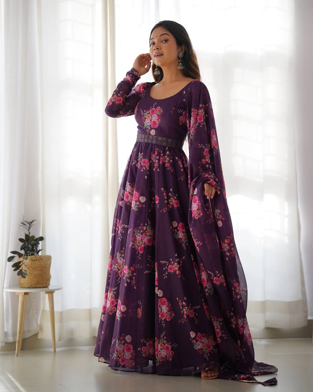 Purple organza anarkali set