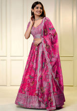 Pink organza bird and floral print Lehenga