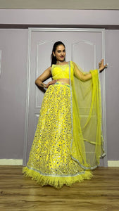 Yellow paper mirror work Lehenga