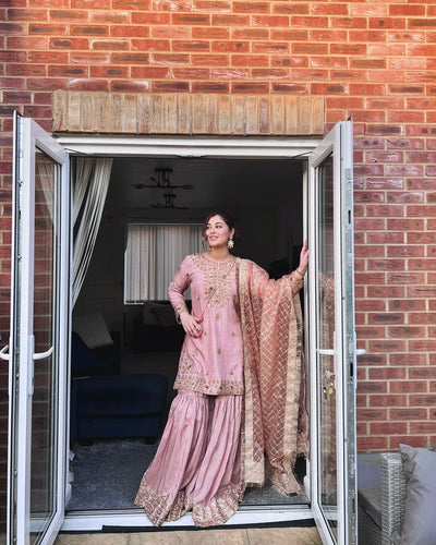 Baby pink chinon silk sharara