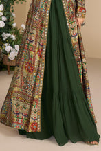Dark green gown with multicoloured jacket and belt