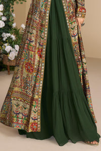 Dark green gown with multicoloured jacket and belt