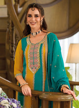 Jasmine - thread embroidered salwaar suits in turquoise and yellow