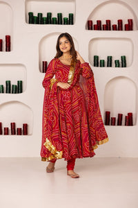 Red bandhej gown (plus size options up to 64 inches bust)