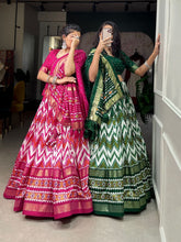 Tussar silk lehengas chevron leheriya style (skirt stitched) - green