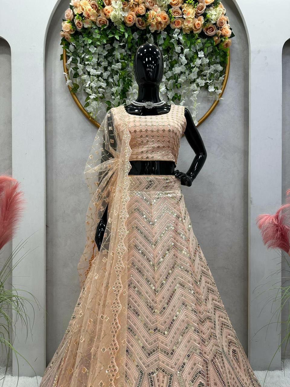 Yankita Kapoor inspired champagne peach partywear zigzag Lehenga