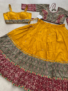 Readymade yellow mirror work chaniya choli - flared and 2 blouses