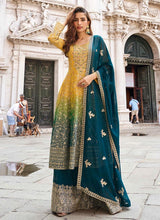 Mustard and blue jacquard silk palazzo