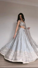 Silver satin silk thread work sequins Lehenga