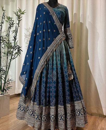 Ombre shaded bandhej print blue Lehenga