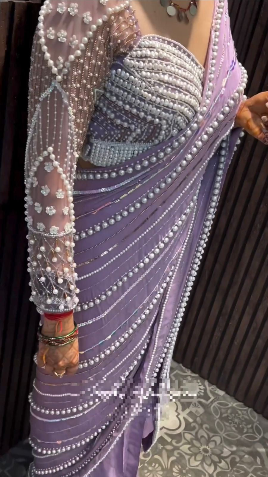 Light purple pearl hand work saree