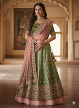 Royal embroidered ombre lehenga set in sage green and blush pink