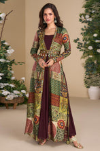 Maroon gown with multicoloured jacket and belt