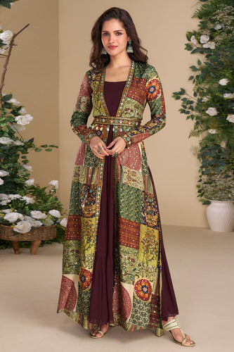 Maroon gown with multicoloured jacket and belt