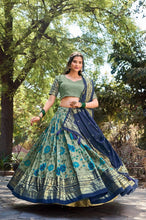 Tussar silk floral kalamkari print Lehenga in sage green and blue