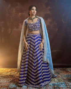 Blue and gold zig zag floral Lehenga