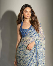 Blue leaf print mirror work saree