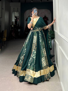 Rayon and Tussar silk gotta Patti plain and printed green readymade Lehenga