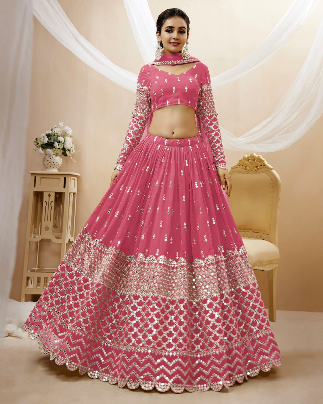 Tanaya - pink zari sequins georgette Lehenga (long sleeves possible)