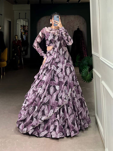 Graceful tabby silk printed Lehenga in coffee (skirt stitched)