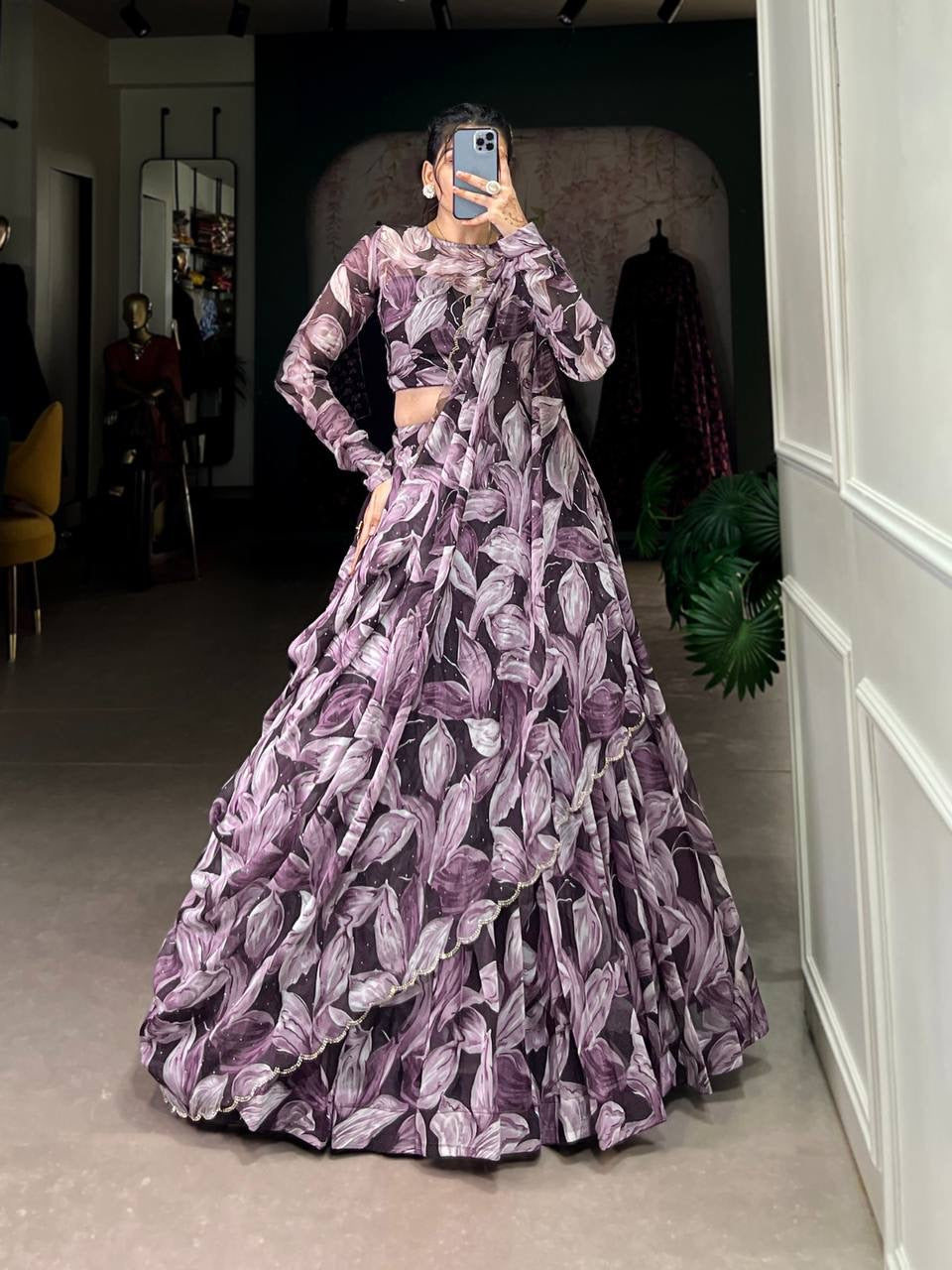 Graceful tabby silk printed Lehenga in coffee (skirt stitched)