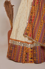 Off white jacquard silk and mirror work Lehenga in mustard