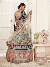 Blue silk with coral and pink floral Lehenga