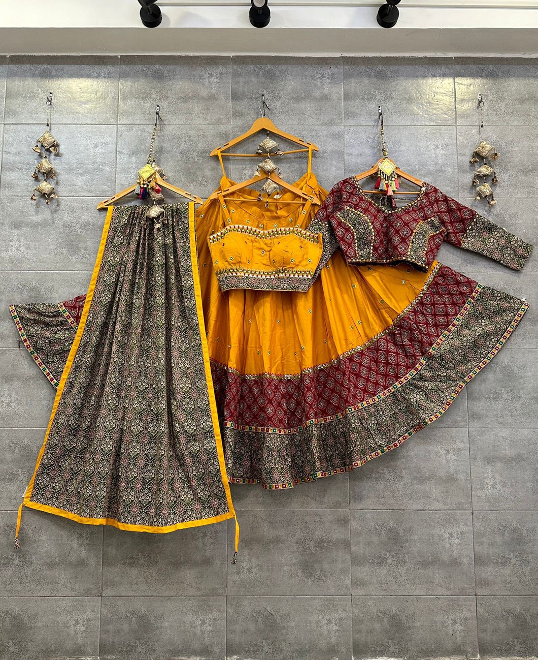 Readymade yellow mirror work chaniya choli - flared and 2 blouses