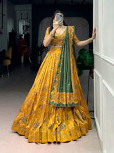 Mustard Tussar silk foil printed lehenga (skirt stitched)