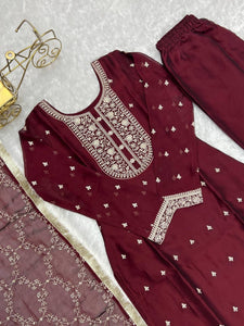 Maroon rangoli silk straight fit salwaar kameez readymade