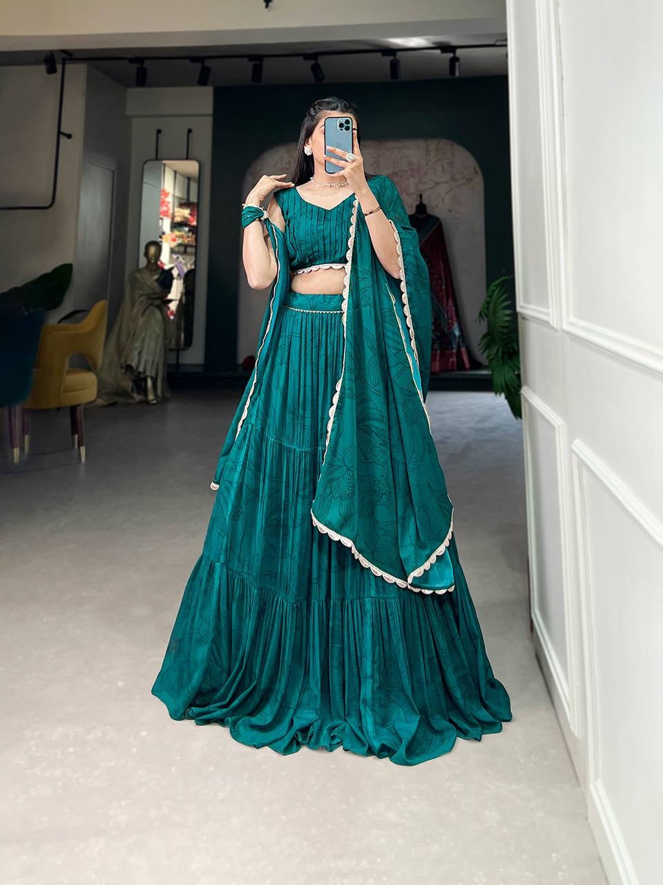 Teal georgette printed lightweight readymade Lehenga