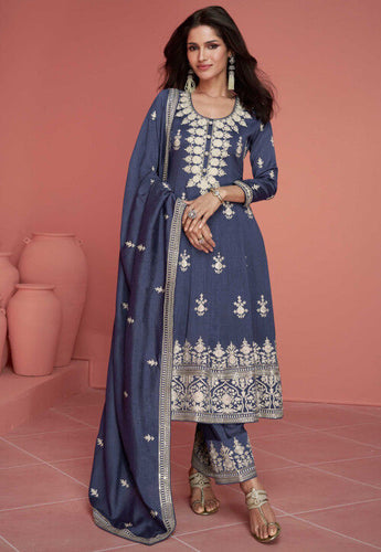 Embroidered Art Silk salwaar Suit in blue