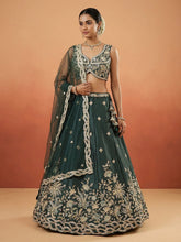 Dark green tissue embroidered lehenga