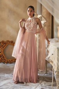 Nude pink halter neck pearl gown